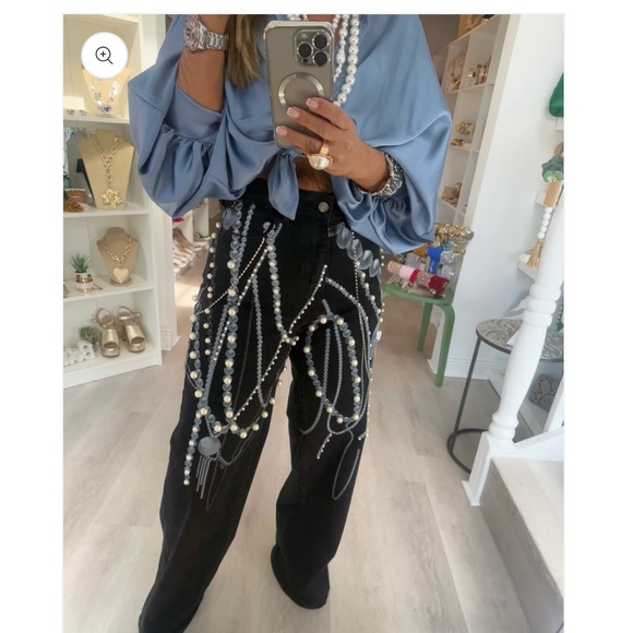 Blue Satin Top with Black Beaded Pants - Picture 3 of 4